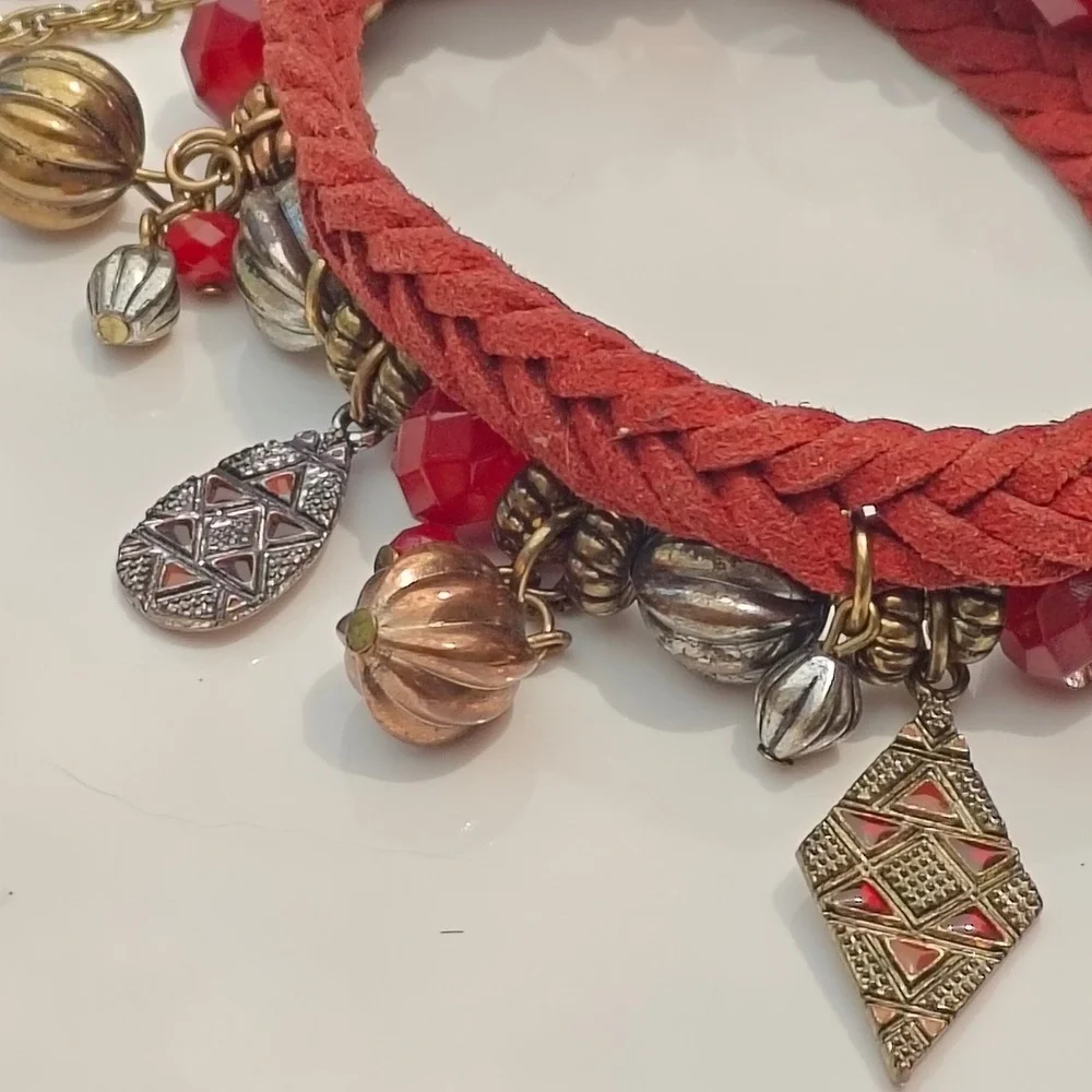 Red Burgundy Braided Suede Charm Bracelet Chunky Boho Beads Gold Silver Tone